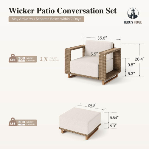 4 Pieces Patio Furniture Set, 2 Outdoor Rattan Wicker Armchairs Set with 2 Ottomans, All Weather Patio Conversation Set with 5.3" Widened Armrest, 10" Ultra Thick Comfy Sponge Cushion