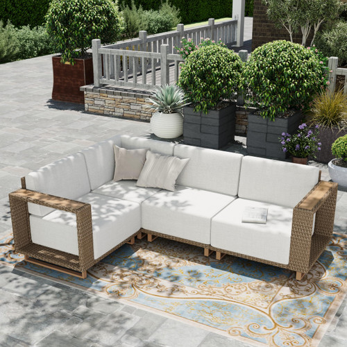 Patio Furniture Set, 4 Pieces Sectional Outdoor Rattan Wicker Sofa, All Weather Patio Conversation Set with 10" Ultra Thick Comfy Sponge Cushion,5.3" Widened Armrest,Patio Couch