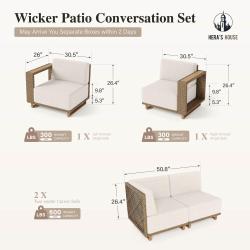 6 Pieces Patio Furniture Set, Sectional Outdoor Rattan Wicker Sofa, All Weather Patio Conversation Set with 5.3" Widened Armrest, 10" Ultra Thick Comfy Sponge Cushion, Patio Couch