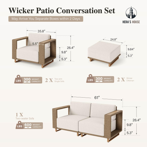 6 Pieces Patio Furniture Set, 4 Sectional Outdoor Rattan Wicker Sofas with 2 Ottomans, All Weather Patio Conversation Set with 5.3" Widened Armrest, 10" Ultra Thick Cushion for Deck
