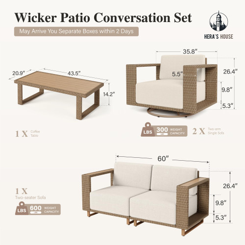 5 Pieces Outdoor Sectional Wicker Furniture Set, Patio Conversation Set,2 Pieces All Weather Rattan Sofas with 5.3" Widened Armrest 10" Ultra Thick Cushion, 2 Swivel Armchairs, 1 Table