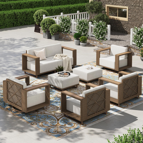 8 Pieces Patio Furniture Set, 4 Outdoor Sectional Rattan Wicker Sofas,2 Swivel Armchairs with 2 Ottomans, All Weather Couch Set with 5.3" Widened Armrest, 10" Ultra Thick Cushion