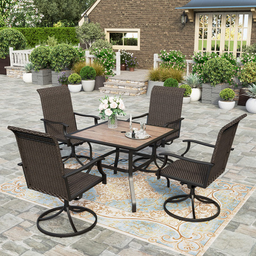 5 Pieces Patio Dining Set, Outdoor Dining Set for 4, 4 x Swivel Rattan Dining Chair, 1 x 37” Square Wood Like Dining Table, for Lawn Garden Backyard Deck