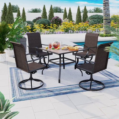 5 Pieces Patio Dining Set, Outdoor Dining Set for 4, 4 x Swivel Rattan Dining Chair, 1 x 37” Square Wood Like Dining Table, for Lawn Garden Backyard Deck