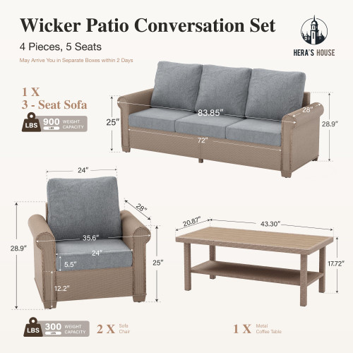 4-Piece Patio Furniture Set, All Weather 5 Seats Outdoor Wicker Sofa with 44" Coffee Table, 5.5" Thick Waterproof Cushion Conversation Couch Set for Garden Deck Backyard, Grey