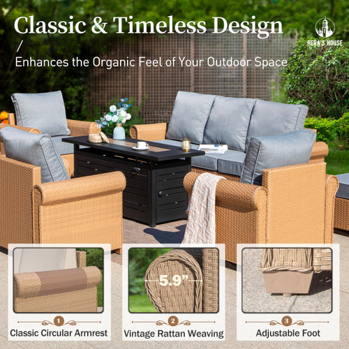 4-Piece Patio Furniture Set, All Weather 5 Seats Outdoor Wicker Sofa with 44" Coffee Table, 5.5" Thick Waterproof Cushion Conversation Couch Set for Garden Deck Backyard, Grey