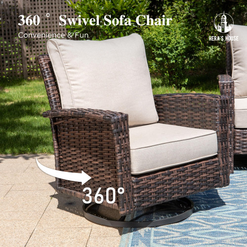 Outdoor Furniture, 2 x High Back Swivel Patio Chairs with 5.5" Cushions Wicker Rattan Deck Balcony Porch Furniture, Beige