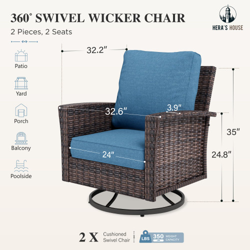 Outdoor Wicker Swivel Chairs with 5.5" Thick Cushions, 35" High Back Patio Chairs Set of 2, Deck Balcony Backyard Furniture, Navy Blue