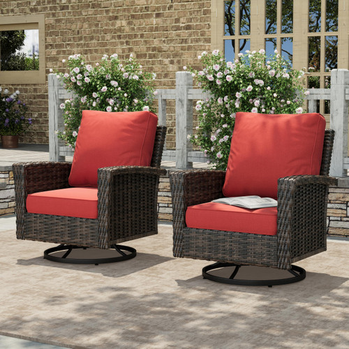 Outdoor Swivel Chairs with 5.5" Thick Cushions, 35" High Back Patio Furniture Sets, Oversized Wicker Rattan Chairs for Deck Balcony Backyard, Red