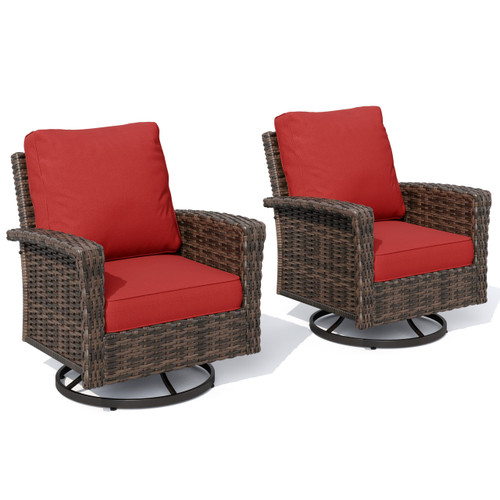 Outdoor Swivel Chairs with 5.5" Thick Cushions, 35" High Back Patio Furniture Sets, Oversized Wicker Rattan Chairs for Deck Balcony Backyard, Red