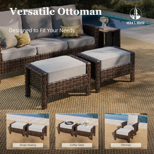 Grey Patio Furniture Set, High Back Wicker Sofa, Swivel Chairs with 5.5" Thick Cushions, 6-Piece Outdoor Seating Conversation Sets with Fire Pit Table & Ottomans for Deck Yard Garden