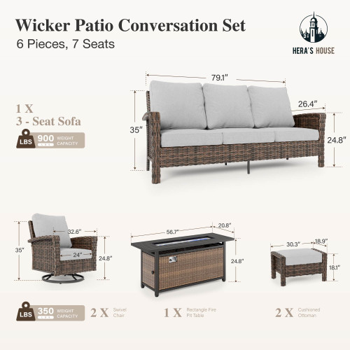 Grey Patio Furniture Set, High Back Wicker Sofa, Swivel Chairs with 5.5" Thick Cushions, 6-Piece Outdoor Seating Conversation Sets with Fire Pit Table & Ottomans for Deck Yard Garden