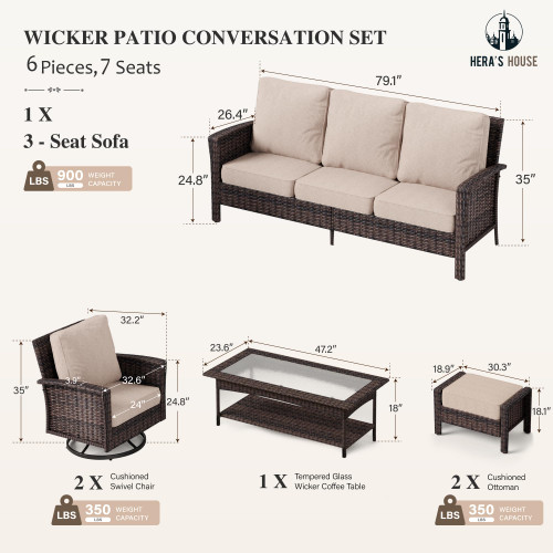 Patio Furniture Set with 35" High Back Swivel Chairs, Outdoor Wicker Conversation Sofa Sets, 5.5" Thick Cushions for Deck Lawn Poolside Backyard, Beige