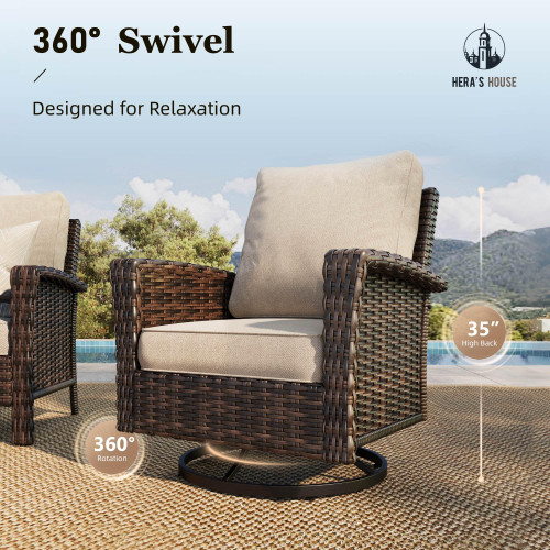 Patio Furniture Set with 35" High Back Swivel Chairs, Outdoor Wicker Conversation Sofa Sets, 5.5" Thick Cushions for Deck Lawn Poolside Backyard, Beige