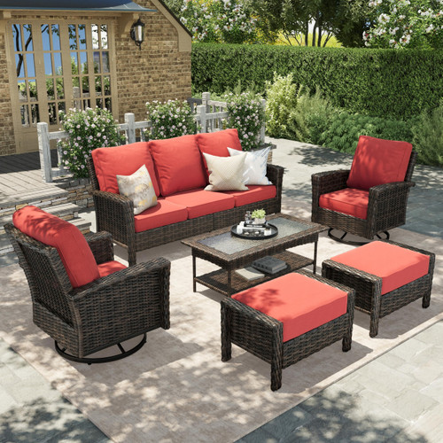 Red Outdoor Furniture Set with 35" High Back Swivel Chairs, Wicker Patio Conversation Sets with 5.5" Waterproof Cushions for Deck Lawn Yard
