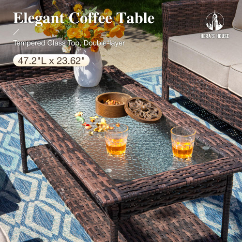 High Back Patio Furniture Set with Swivel Chairs, Outdoor Wicker Conversation Sets with 5.5" Comfy Cushions, 4 Piece Outside Sofa Sets, Beige