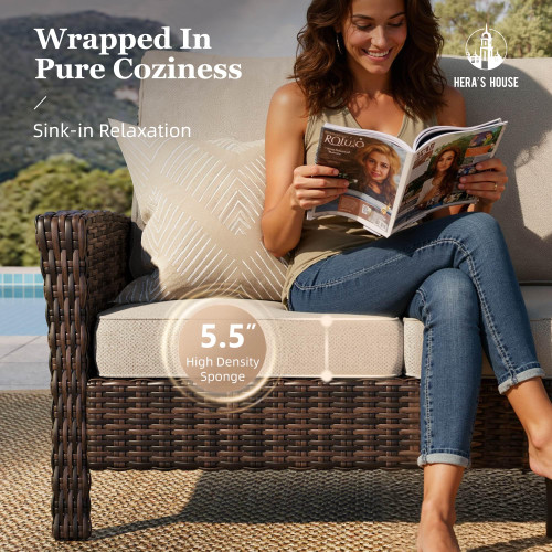 High Back Patio Furniture Set with Swivel Chairs, Outdoor Wicker Conversation Sets with 5.5" Comfy Cushions, 4 Piece Outside Sofa Sets, Beige