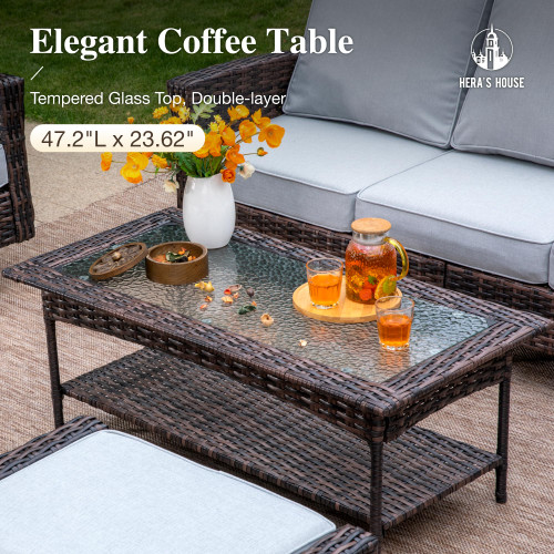 Gray Patio Furniture Set with High Back Swivel Chairs, Comfy Outdoor Wicker Conversation Sofa Sets with 5.5" Waterproof Cushions for Deck Lawn Backyard