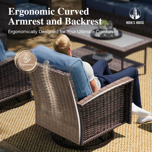 Outdoor Furniture with High Back Swivel Chairs, 4-Piece Patio Conversation Sets with 5.5" Thick Cushion, Deep Seating Wicker Rattan Sofa Set for Deck Lawn Deck Yard, Blue