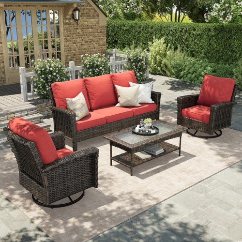 Red Patio Furniture Set, 35" High Back Swivel Chairs with 5.5" Waterproof Cushions, 4 Pieces Wicker Rattan Outdoor Conversation Sofa Sets for Deck Lawn Yard