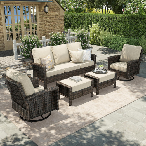 Patio Furniture Set with Swivel Chairs, High Back Outdoor Wicker Furniture with 5.5" Thick Cushions, Outside Conversation Sofa Sets for Backyard Deck Lawn, Beige