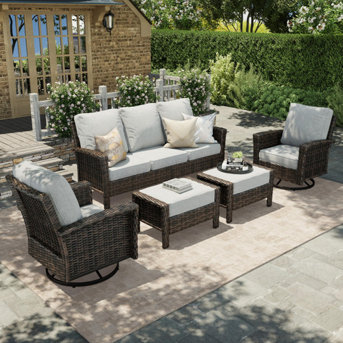 Patio Furniture Set with Swivel Chairs, High Back Wicker Couch with Ottomans, Outdoor Conversation Sofa Sets with 5.5" Waterproof Cushions for Garden Yard Porch, Grey