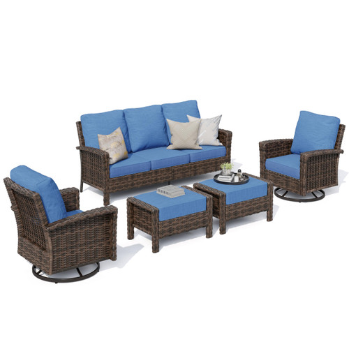 Wicker Patio Furniture Set, 35" High Back Swivel Chairs with 5.5" Thick Cushions, 5 Pieces Outdoor Seating Furniture, Deck Conversation Set with Ottomans for Lawn Yard Porch, Blue