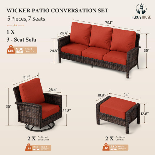 High Back Swivel Patio Furniture Set with 5.5" Thick Cushions, 5-Piece Oversized Outdoor Wicker Sectional Conversation Set with Ottomans for Garden Yard Porch, Red