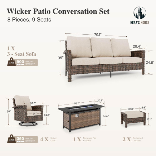 8-Piece Outdoor Furniture Set with Fire Pit Table, Patio Conversation Set with 5.5" Thick Cushions & High Back Swivel Chairs, All-Weather Wicker Deep Seating Sofa with Ottomans, Beige