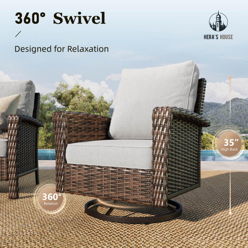 8-Piece Outdoor Furniture Set with Fire Pit Table, Patio Conversation Set with 5.5" Thick Cushions & High Back Swivel Chairs, All-Weather Wicker Deep Seating Sofa with Ottomans, Grey