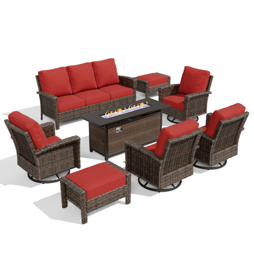 Red Patio Furniture Set, 8-Piece Outdoor Seating Conversation Sets with High Back Wicker Sofa, 4 x Swivel Chairs with 5.5" Thick Cushions, Fire Pit Table & Ottomans for Deck Yard Garden