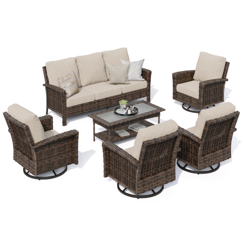Luxury Patio Furniture Set with 5.5" Thick Cushion, Outdoor Wicker Conversation Set, 4 x High Back Swivel Patio Chairs with Tempered Glass Table, Waterproof 3-Seat Sofa for Deck Lawn Deck Yard, Beige