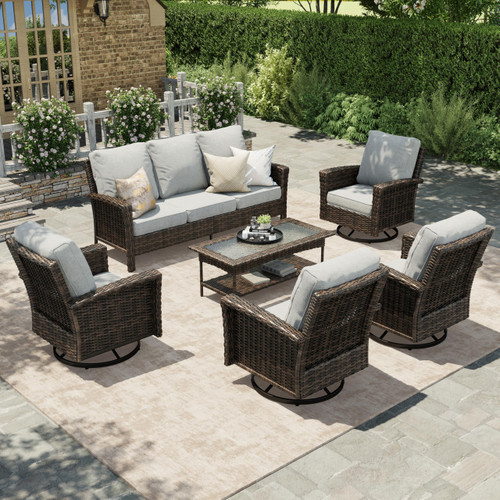 Gray Patio Furniture Set with Swivel Chairs, Outdoor Wicker Furniture with 35" High Back, 5.5" Thick Cushions, Deep Seating Patio Conversation Sets for Lawn Deck Backyard