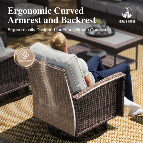 Gray Patio Furniture Set with Swivel Chairs, Outdoor Wicker Furniture with 35" High Back, 5.5" Thick Cushions, Deep Seating Patio Conversation Sets for Lawn Deck Backyard