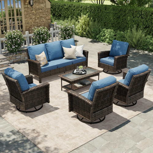 Patio Furniture Set, 4 x High Back Swivel Chairs with 5.5" Comfy Cushions, 6 Pieces Outdoor Wicker Conversation Set for Lawn Deck Backyard, Navy Blue