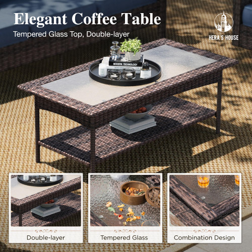 Patio Furniture Set, 4 x High Back Swivel Chairs with 5.5" Comfy Cushions, 6 Pieces Outdoor Wicker Conversation Set for Lawn Deck Backyard, Navy Blue