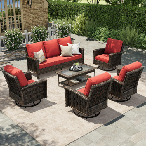 Red Patio Furniture Set, 35" High Back Swivel Chair with 5.5" Thick Cushions, Oversized Outdoor Wicker Conversation Set for Deck Garden Poolside Backyard Lawn