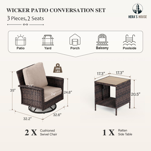 3-Piece Outdoor Patio Furniture, High Back Swivel Chairs Set of 2 with Rattan Table, Brown Wicker Conversation Bistro Set with 5.5” Thick Cushion for Deck Porch Balcony Garden Lawn, Beige