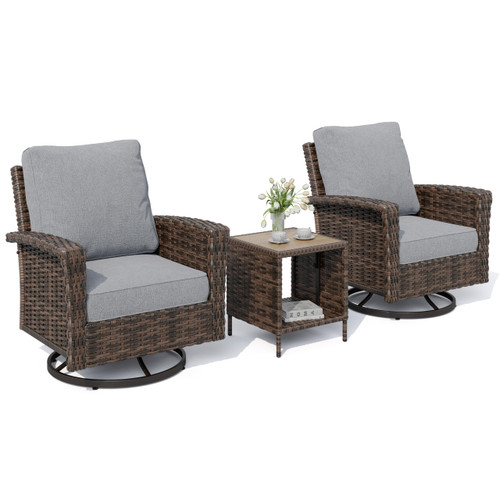 3-Piece Outdoor Patio Furniture, High Back Swivel Chairs Set of 2 with Rattan Table, Brown Wicker Conversation Bistro Set with 5.5” Thick Cushion for Deck Porch Balcony Garden Lawn, Gray