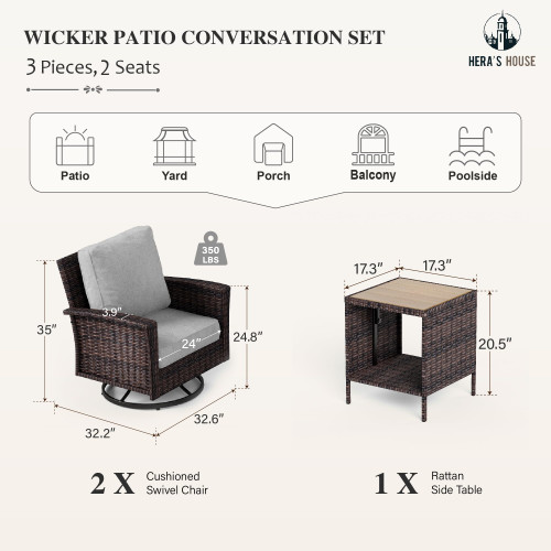 3-Piece Outdoor Patio Furniture, High Back Swivel Chairs Set of 2 with Rattan Table, Brown Wicker Conversation Bistro Set with 5.5” Thick Cushion for Deck Porch Balcony Garden Lawn, Gray