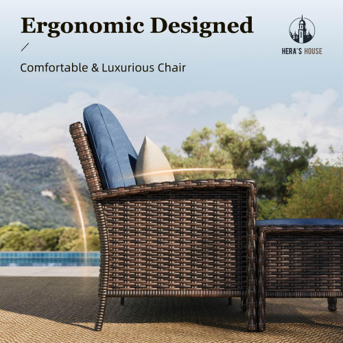 3-Piece Outdoor Patio Furniture, High Back Swivel Chairs Set of 2 with Rattan Table, Brown Wicker Conversation Bistro Set with 5.5” Thick Cushion for Deck Porch Balcony Garden Lawn, Blue