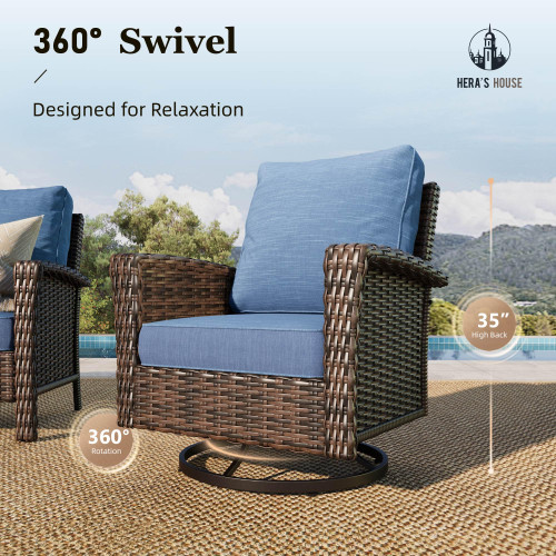3-Piece Outdoor Patio Furniture, High Back Swivel Chairs Set of 2 with Rattan Table, Brown Wicker Conversation Bistro Set with 5.5” Thick Cushion for Deck Porch Balcony Garden Lawn, Blue