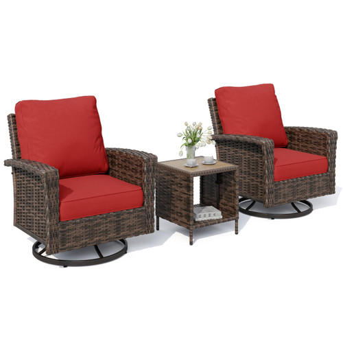 3-Piece Outdoor Patio Furniture, High Back Swivel Chairs Set of 2 with Rattan Table, Brown Wicker Conversation Bistro Set with 5.5” Thick Cushion for Deck Porch Balcony Garden Lawn, Red