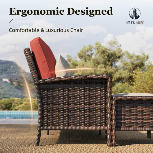 3-Piece Outdoor Patio Furniture, High Back Swivel Chairs Set of 2 with Rattan Table, Brown Wicker Conversation Bistro Set with 5.5” Thick Cushion for Deck Porch Balcony Garden Lawn, Red