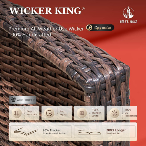 3-Piece Outdoor Patio Furniture, High Back Swivel Chairs Set of 2 with Rattan Table, Brown Wicker Conversation Bistro Set with 5.5” Thick Cushion for Deck Porch Balcony Garden Lawn, Red