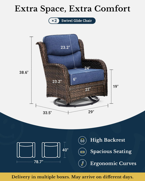 Luxury Patio Furniture Set with 6-inch Thick Cushion, Outdoor High Back Swivel Rocker Patio Chairs, 2PCS Wicker Conversation Set for Deck Yard and Poolside, Blue (V2)