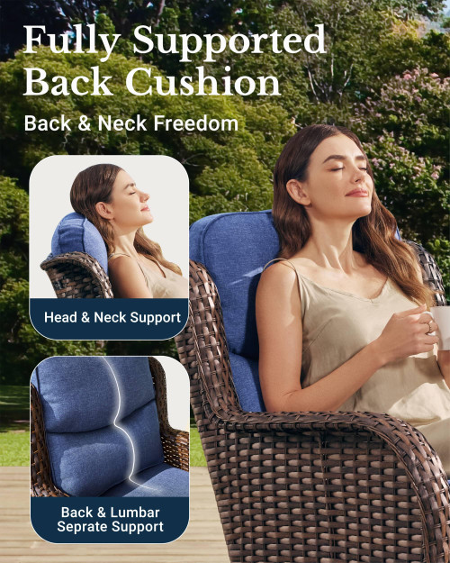 Luxury Patio Furniture Set with 6-inch Thick Cushion, Outdoor High Back Swivel Rocker Patio Chairs, 2PCS Wicker Conversation Set for Deck Yard and Poolside, Blue (V2)
