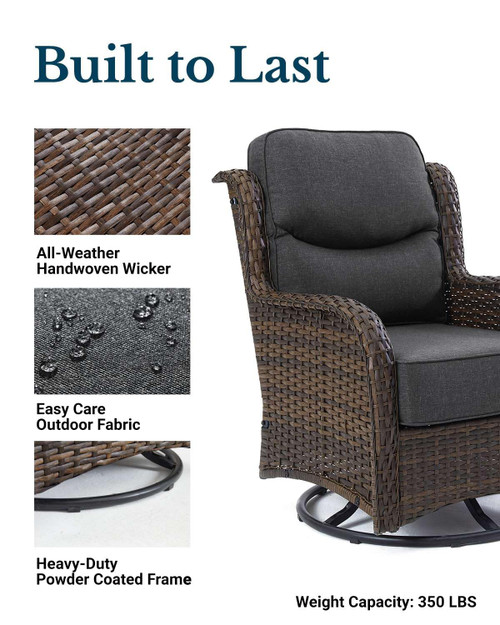 Luxury Patio Furniture Set with 6-inch Thick Cushion, Outdoor High Back Swivel Rocker Patio Chairs, 2PCS Wicker Conversation Set for Deck Yard and Poolside, Dark Grey (V2)