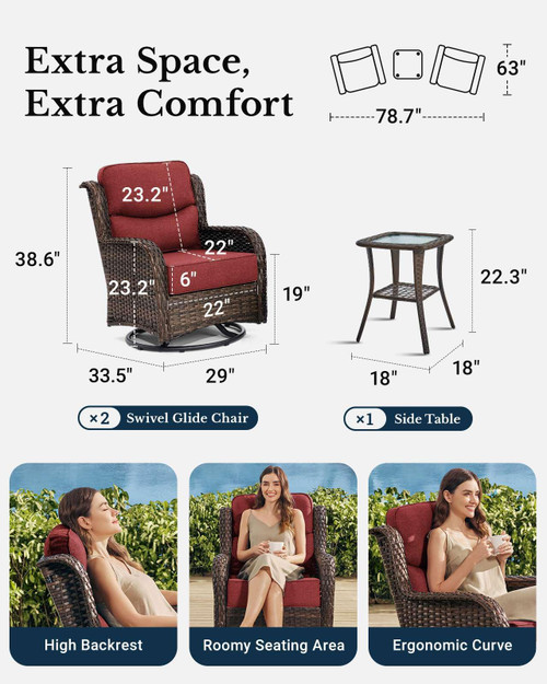 Luxury Patio Furniture Set with 6-inch Thick Cushion, Outdoor High Back Swivel Rocker Patio Chairs, 3PCS Wicker Conversation Set for Deck Yard and Poolside, Burgundy (V2)