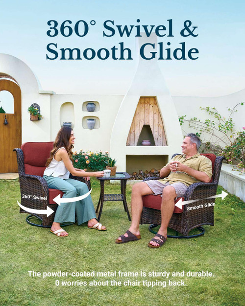 Luxury Patio Furniture Set with 6-inch Thick Cushion, Outdoor High Back Swivel Rocker Patio Chairs, 3PCS Wicker Conversation Set for Deck Yard and Poolside, Burgundy (V2)